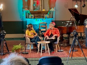 Amy & Erin chatting on stage at the Gather Party
