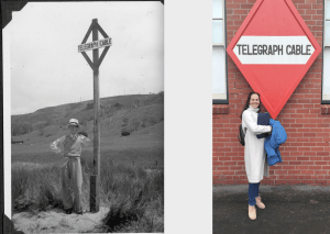 A photograph of the Cable Station sign in the 1930s and then with Amy in 2023