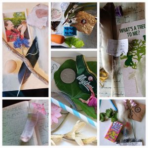 collage of photographs with collected things like rocks, feathers and straws