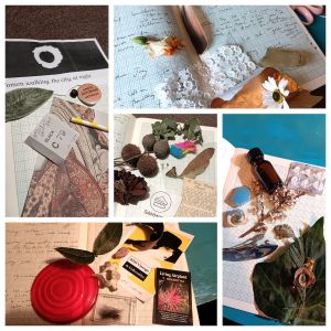 photo collage with 5 images showing small collections of things like lace, feathers, bones, plants