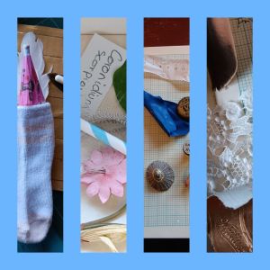 a photo collage with light blue borders, featuring objects like shells, lace, straws