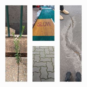 photo collage with 4 images showing fragments of walking city streets with signs, plants, cracks and feet